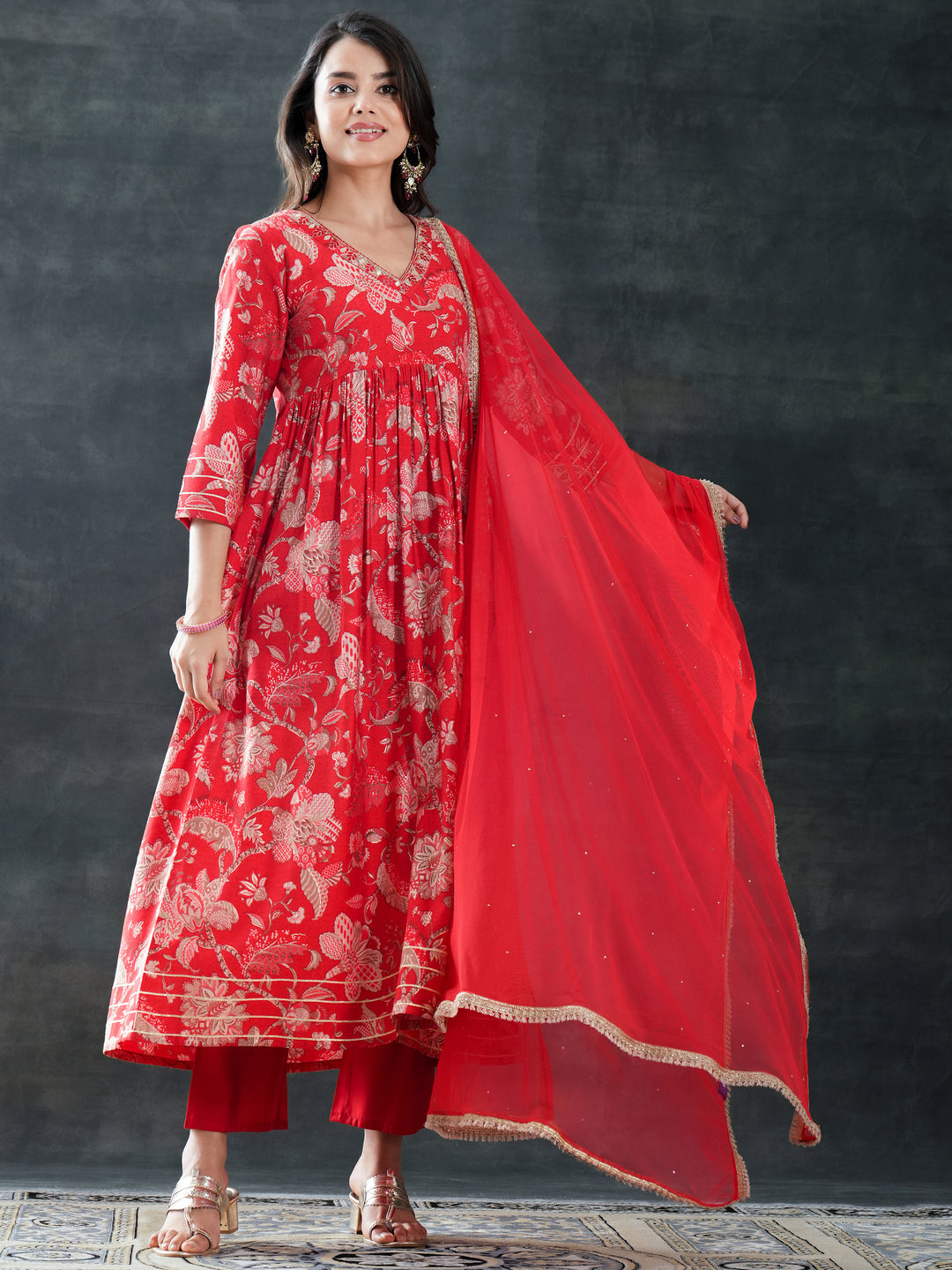 Red Printed Silk Blend Anarkali Suit Set With Dupatta