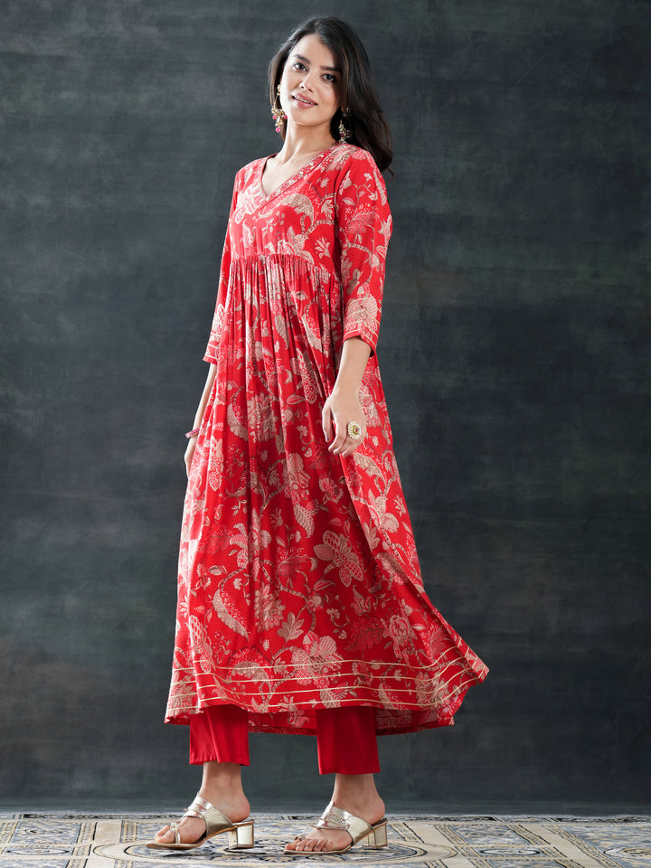 Red Printed Silk Blend Anarkali Suit Set With Dupatta