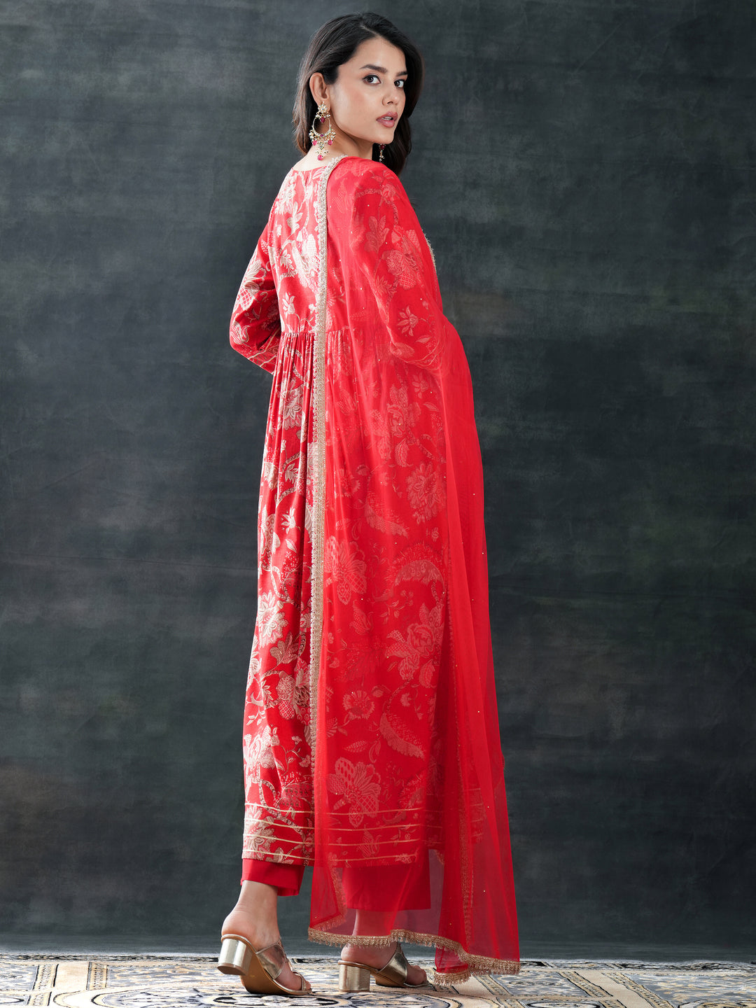 Red Printed Silk Blend Anarkali Suit Set With Dupatta