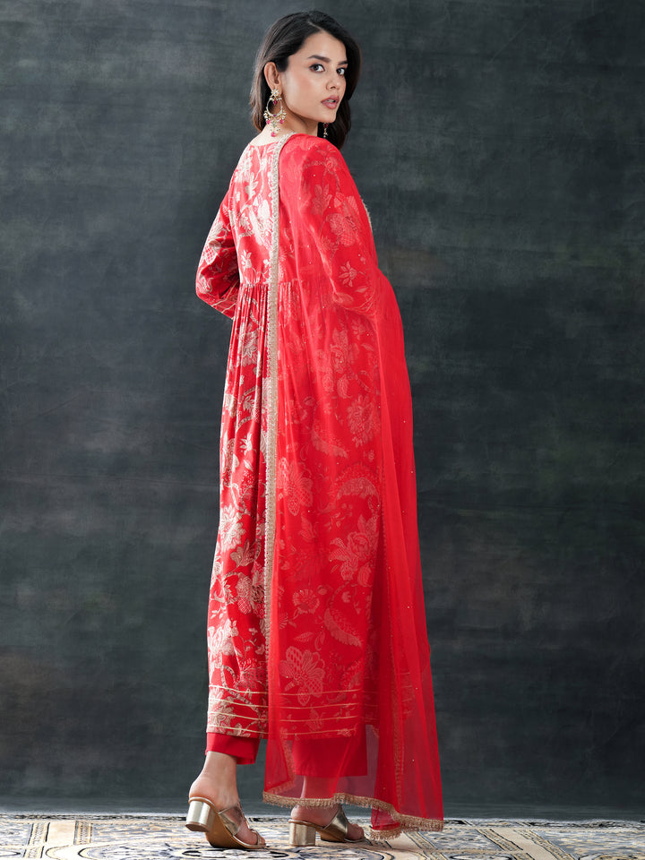 Red Printed Silk Blend Anarkali Suit Set With Dupatta
