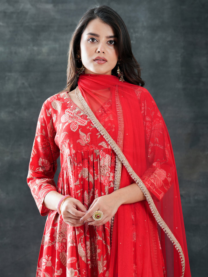 Red Printed Silk Blend Anarkali Suit Set With Dupatta
