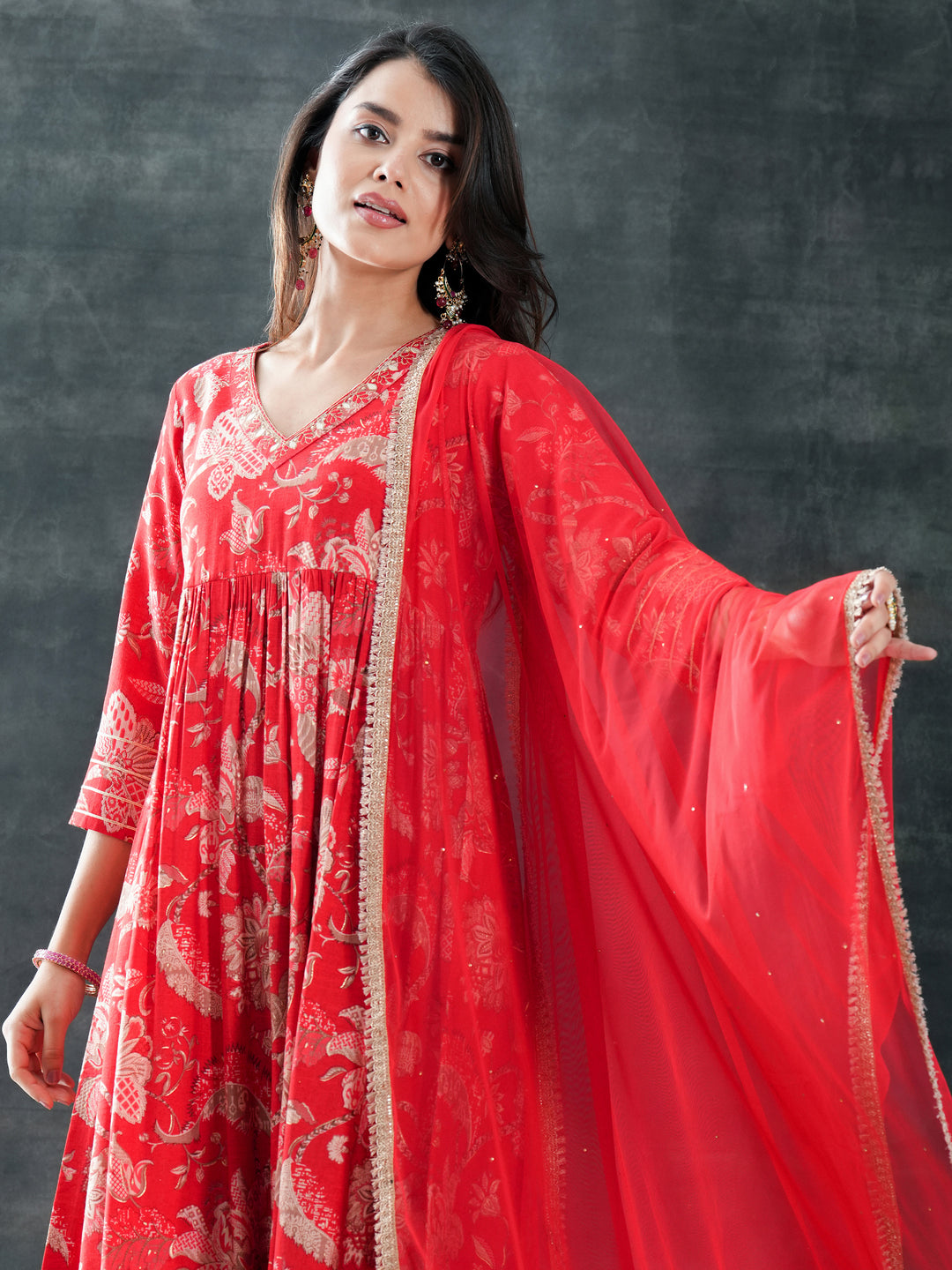 Red Printed Silk Blend Anarkali Suit Set With Dupatta