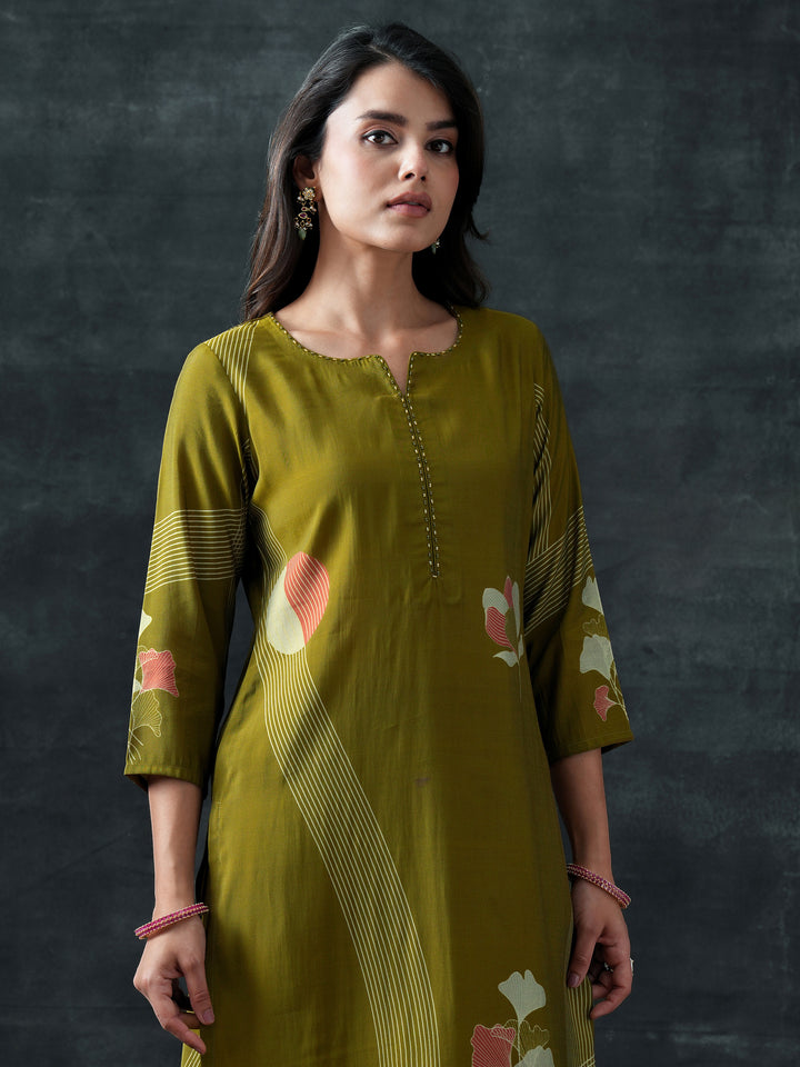 Green Printed Silk Blend Straight Suit Set With Dupatta