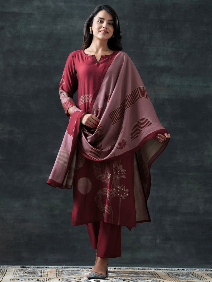 Maroon Printed Silk Blend Straight Suit Set With Dupatta