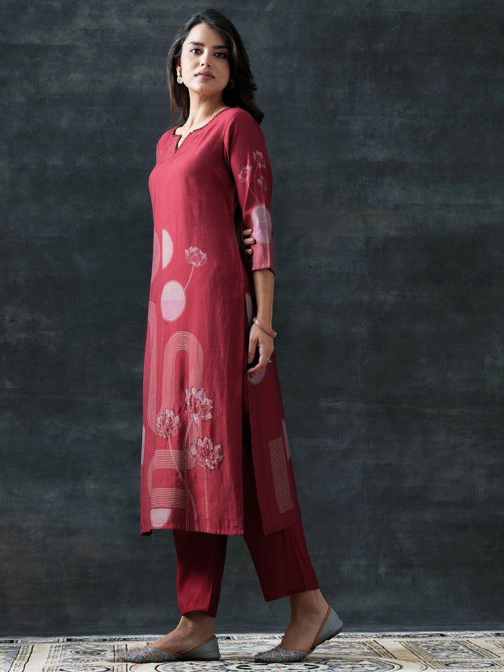 Maroon Printed Silk Blend Straight Suit Set With Dupatta