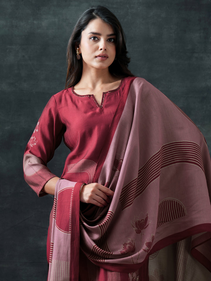 Maroon Printed Silk Blend Straight Suit Set With Dupatta