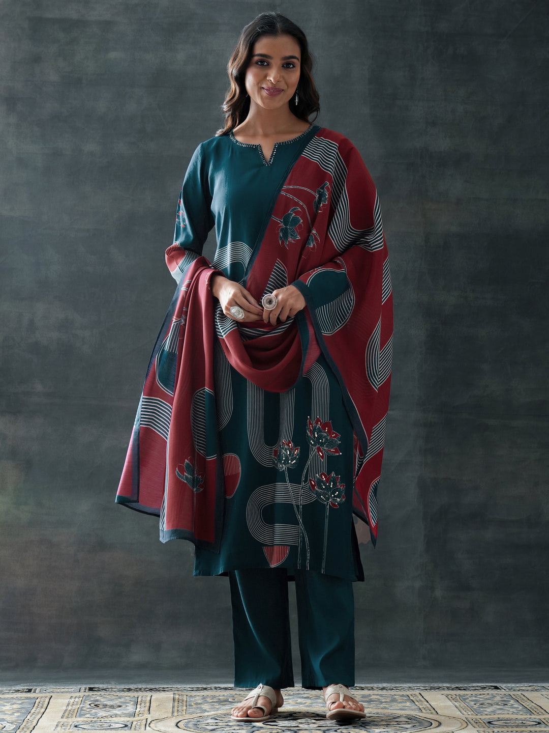 Blue Printed Silk Blend Straight Suit Set With Dupatta