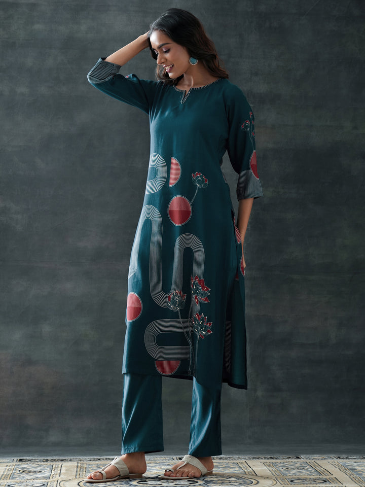 Blue Printed Silk Blend Straight Suit Set With Dupatta