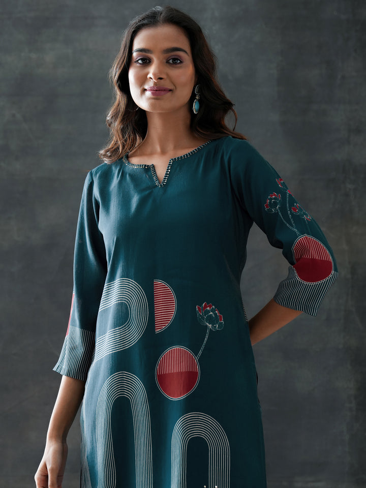 Blue Printed Silk Blend Straight Suit Set With Dupatta