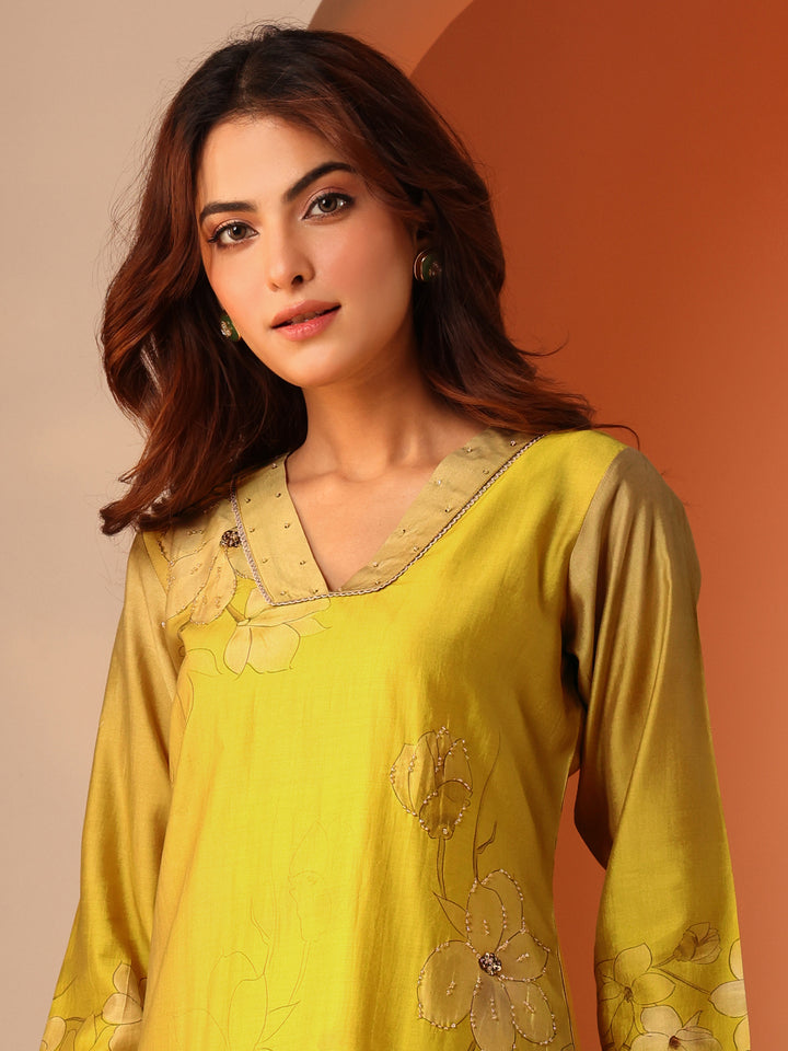 Yellow Printed Silk Blend Straight Suit Set With Dupatta