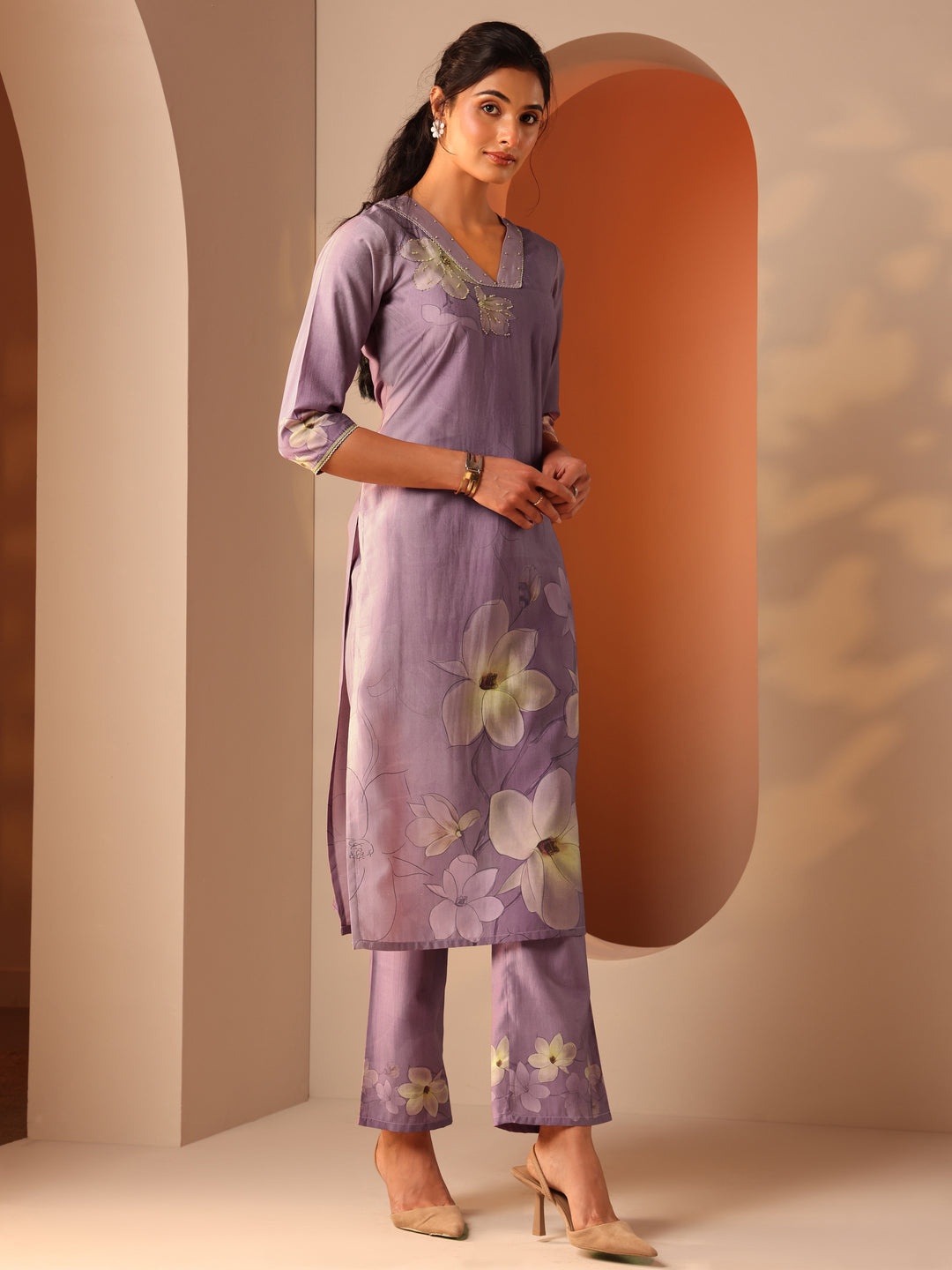 Lavender Printed Silk Blend Straight Suit Set With Dupatta