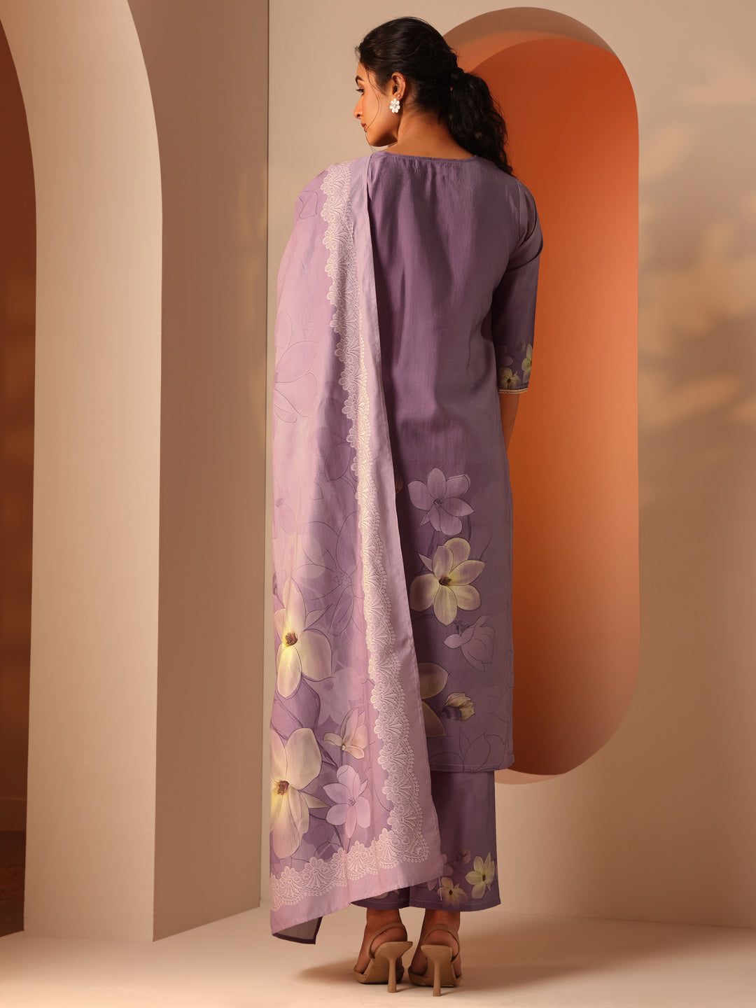 Lavender Printed Silk Blend Straight Suit Set With Dupatta