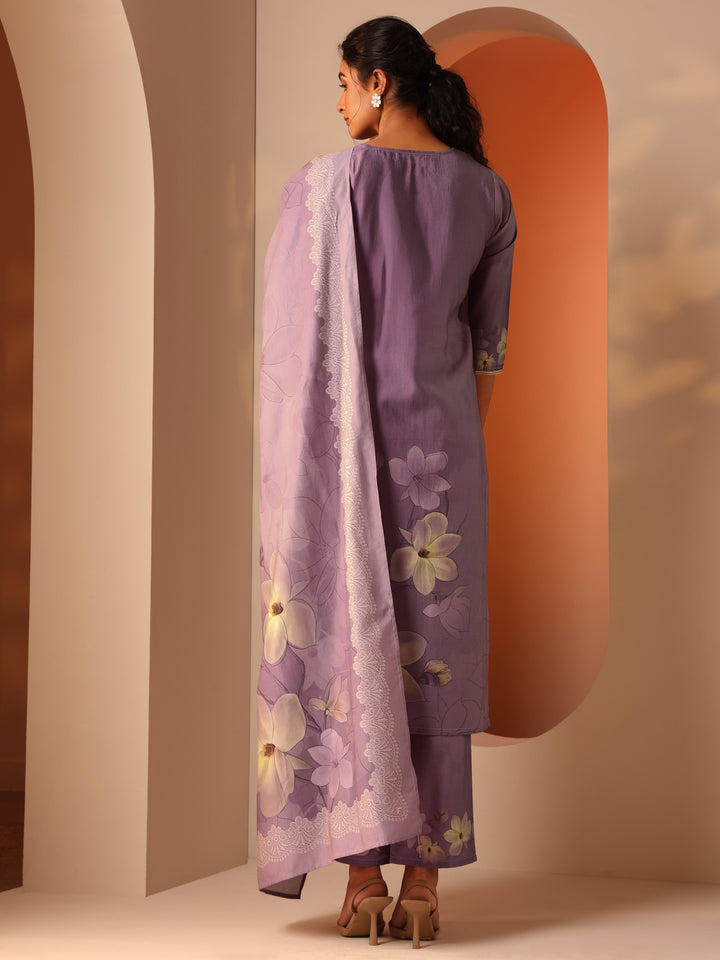 Lavender Printed Silk Blend Straight Suit Set With Dupatta