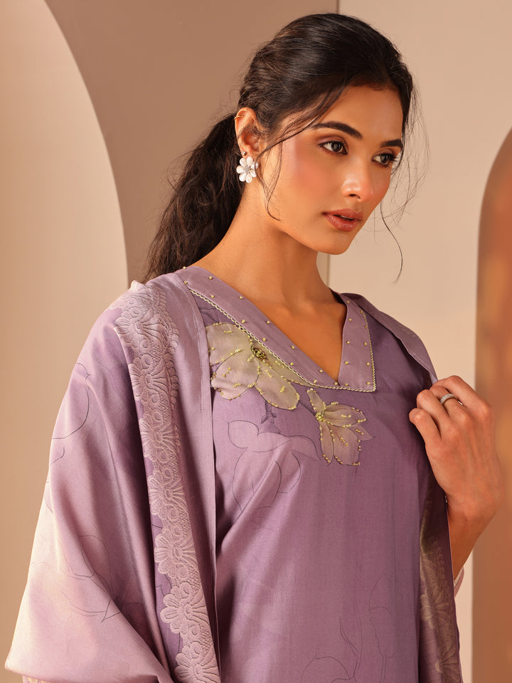 Lavender Printed Silk Blend Straight Suit Set With Dupatta