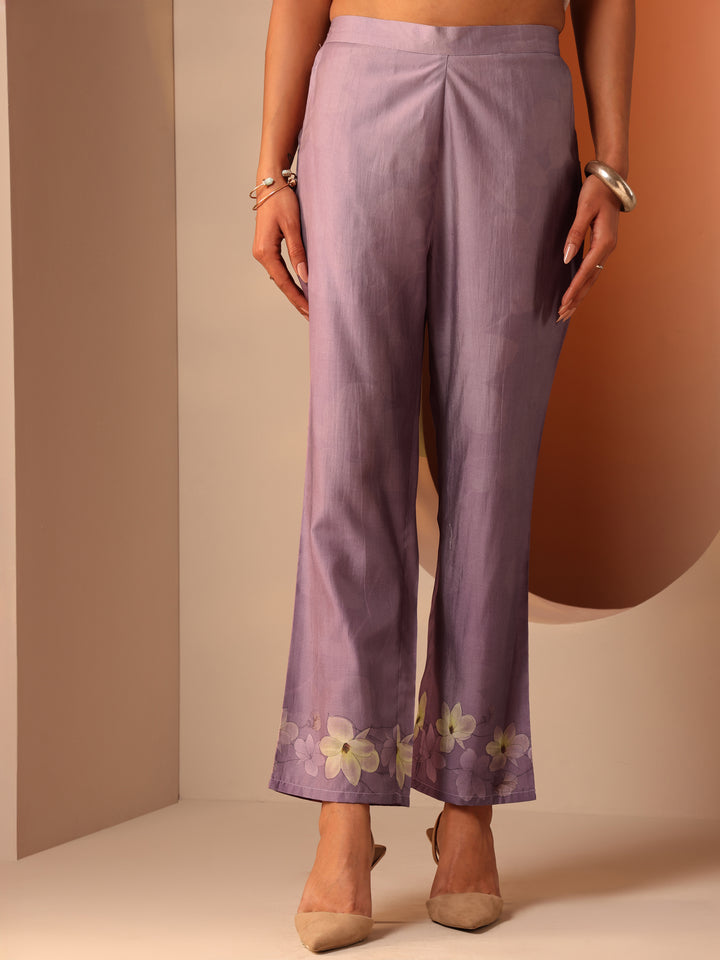 Lavender Printed Silk Blend Straight Suit Set With Dupatta