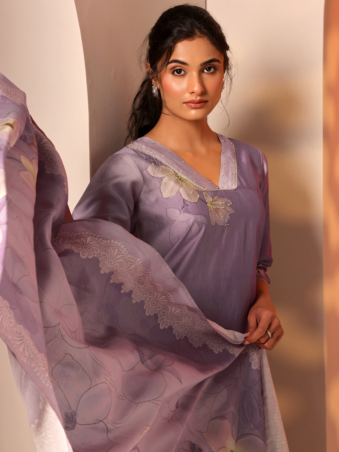 Lavender Printed Silk Blend Straight Suit Set With Dupatta