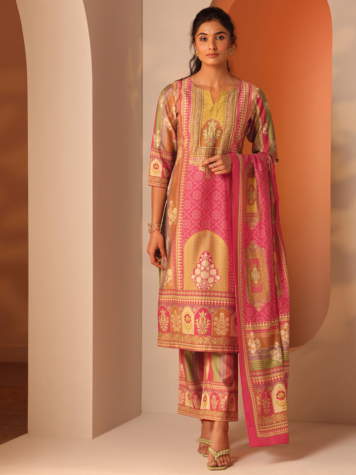 Multi Printed Silk Blend Straight Suit Set With Dupatta