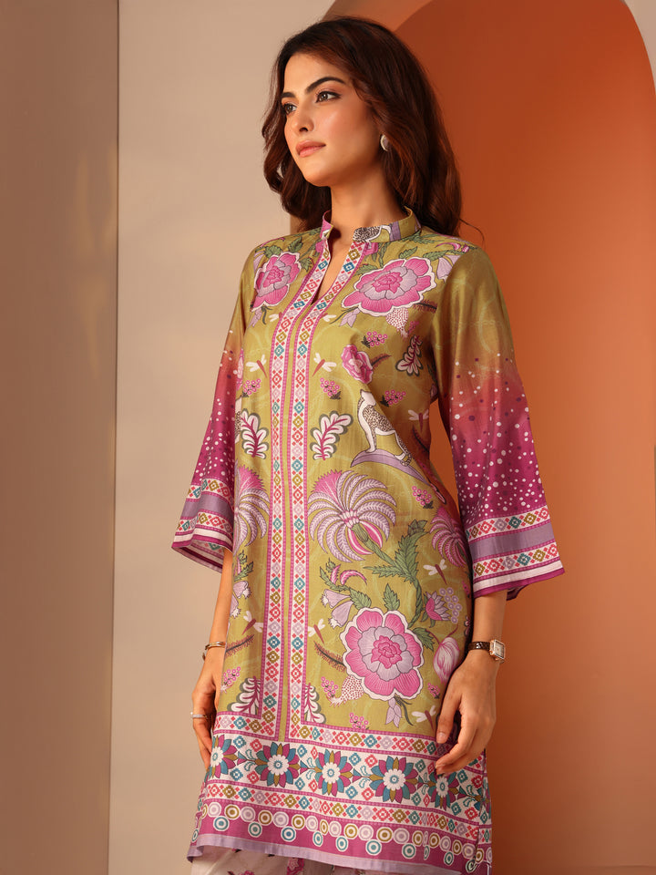 Multi Printed Silk Blend A-Line Suit Set With Dupatta