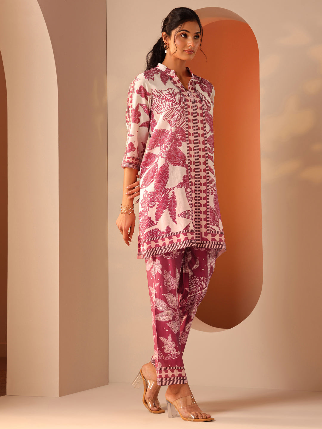Off White Printed Silk Blend A-Line Suit Set With Dupatta