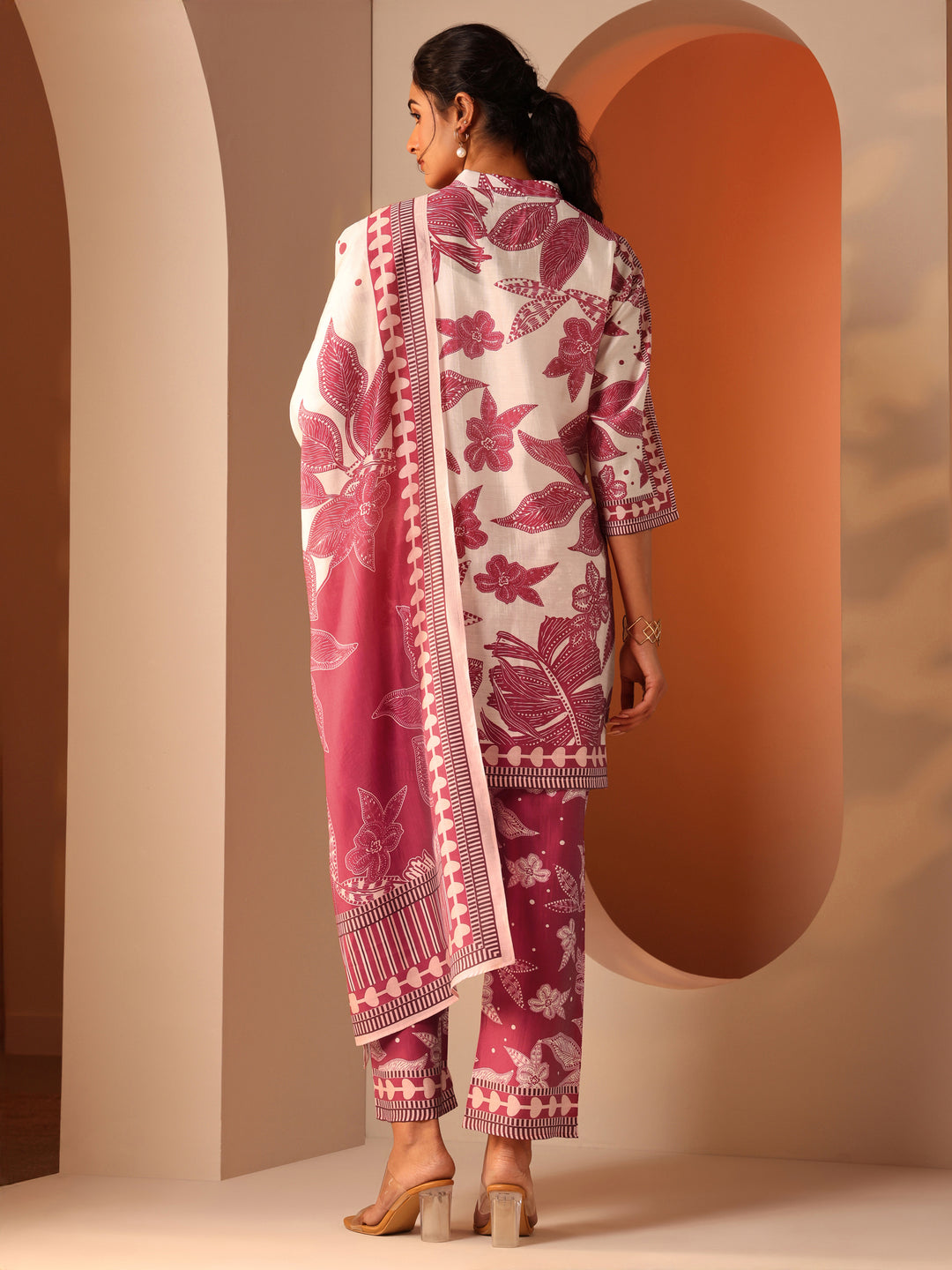 Off White Printed Silk Blend A-Line Suit Set With Dupatta