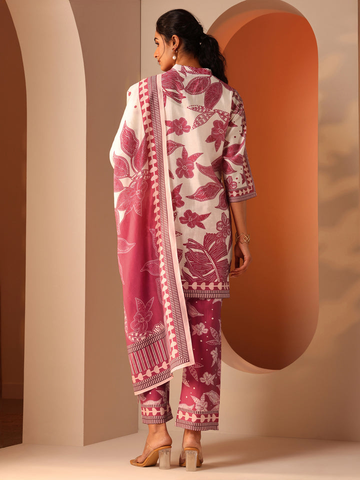 Off White Printed Silk Blend A-Line Suit Set With Dupatta