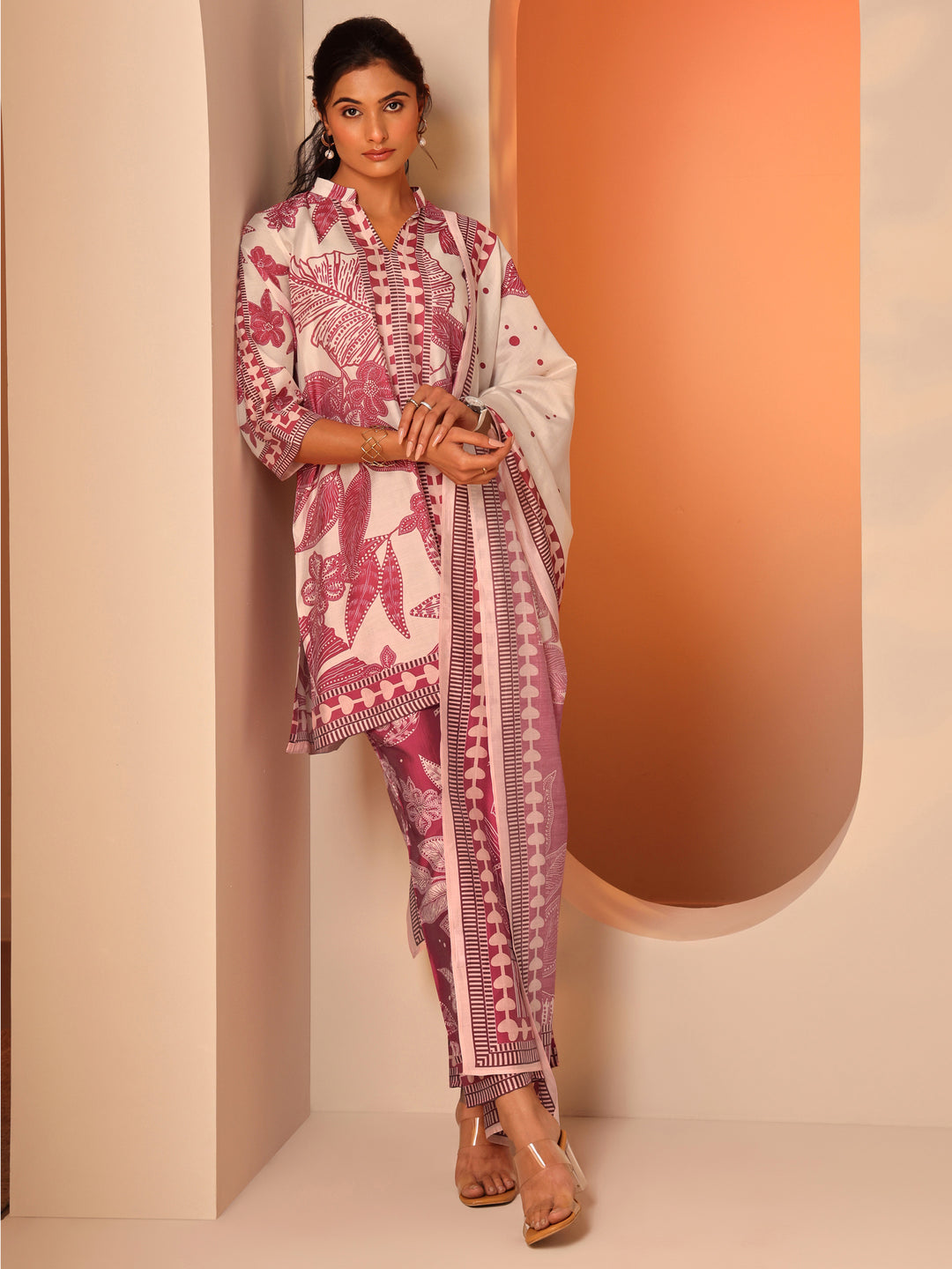 Off White Printed Silk Blend A-Line Suit Set With Dupatta