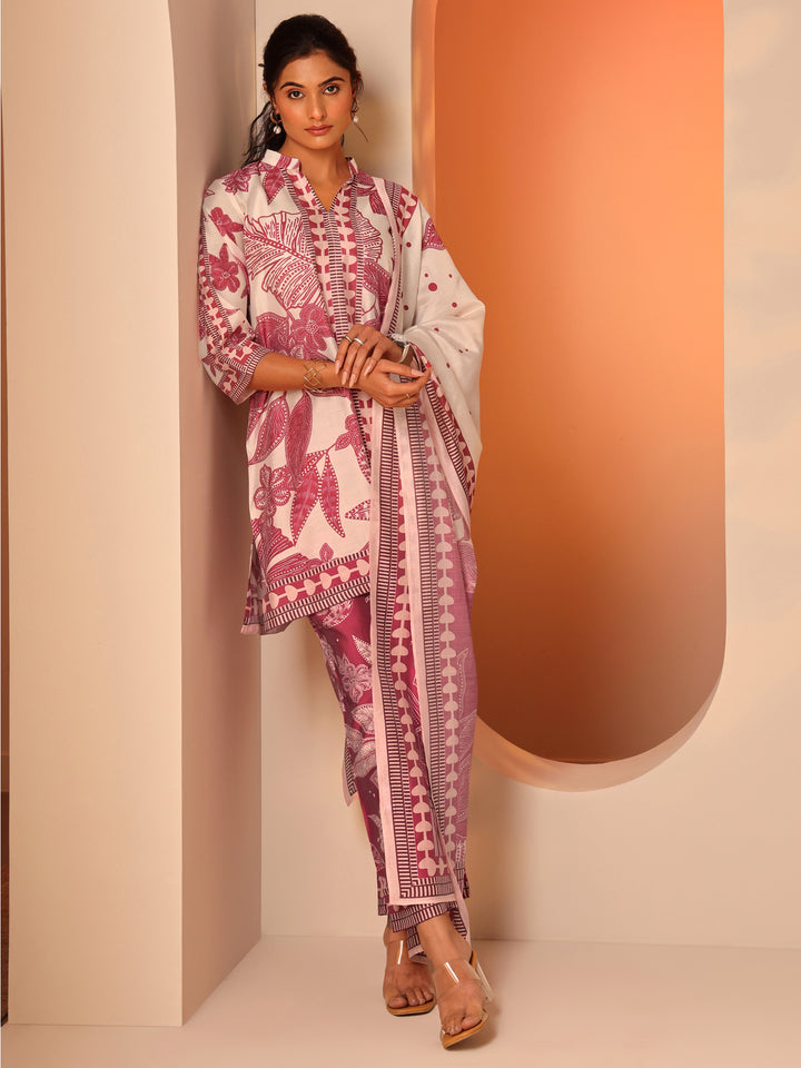 Off White Printed Silk Blend A-Line Suit Set With Dupatta