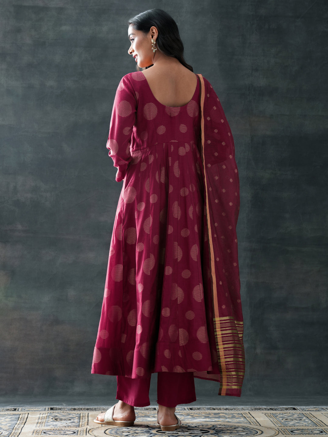 Maroon Woven Design Silk Blend Anarkali Suit Set With Dupatta