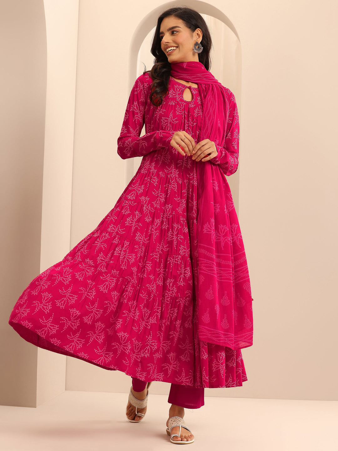 Pink Printed Cotton Anarkali Suit Set With Dupatta