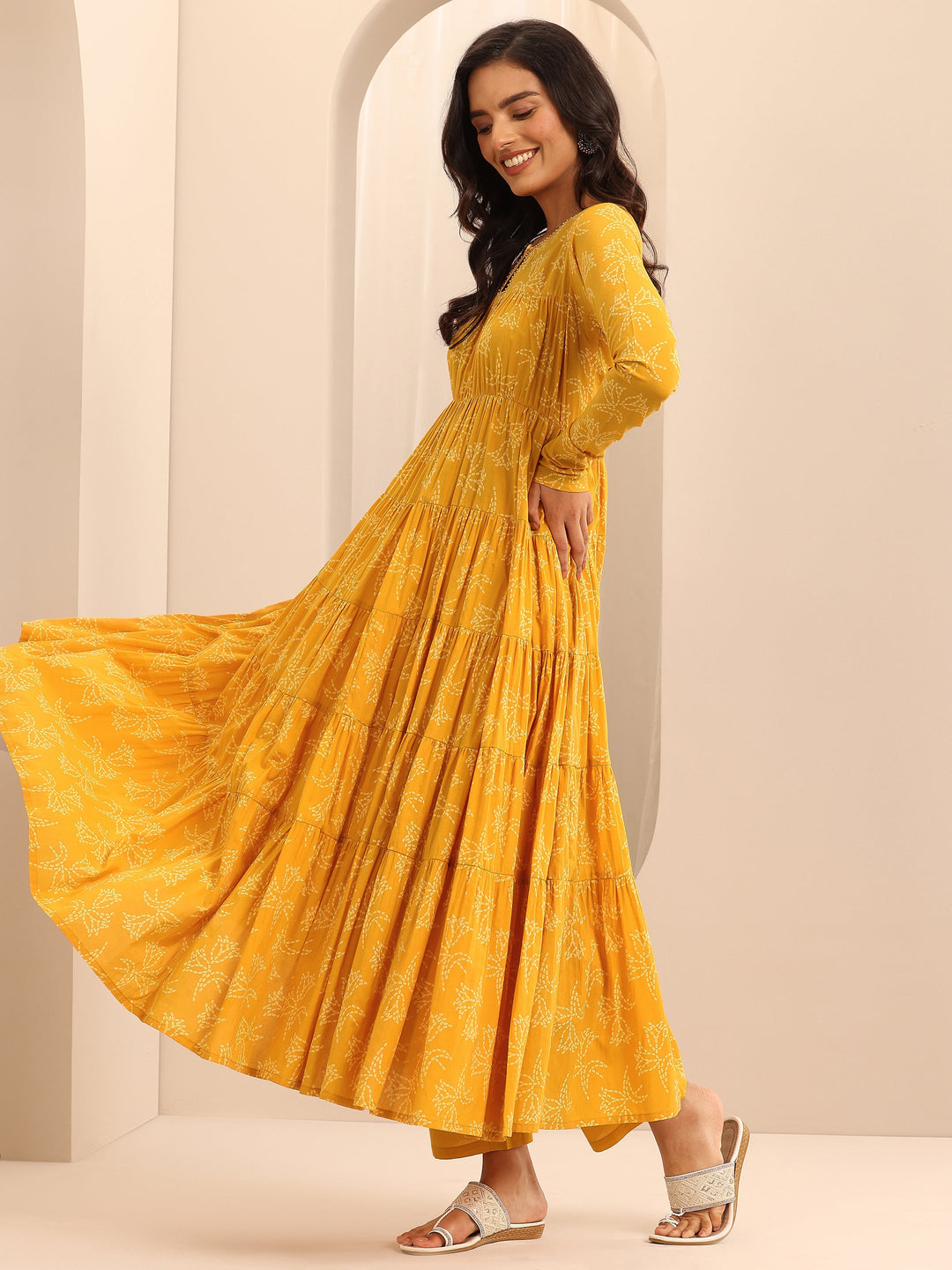 Mustard Printed Cotton Anarkali Suit Set With Dupatta