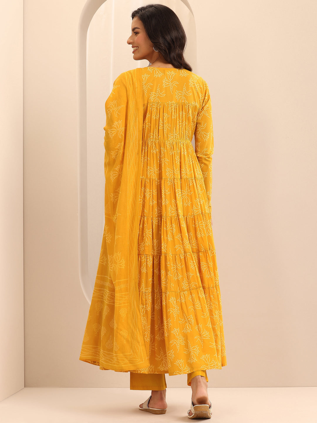Mustard Printed Cotton Anarkali Suit Set With Dupatta