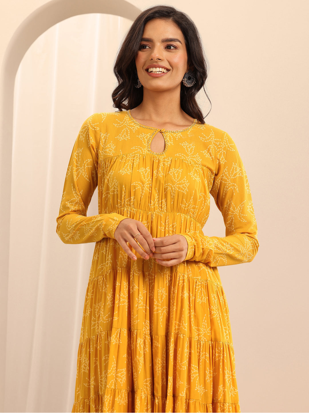 Mustard Printed Cotton Anarkali Suit Set With Dupatta