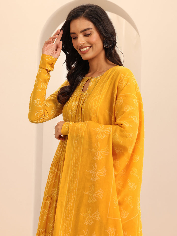 Mustard Printed Cotton Anarkali Suit Set With Dupatta