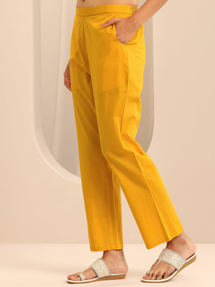 Mustard Printed Cotton Anarkali Suit Set With Dupatta