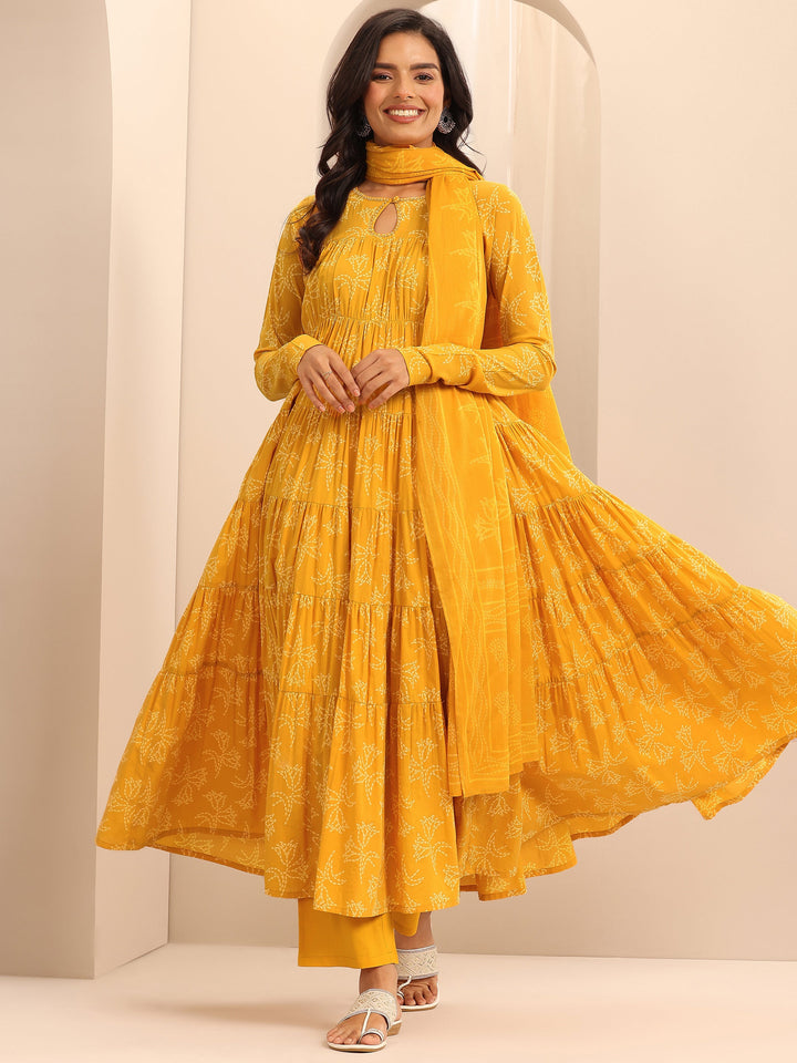 Mustard Printed Cotton Anarkali Suit Set With Dupatta