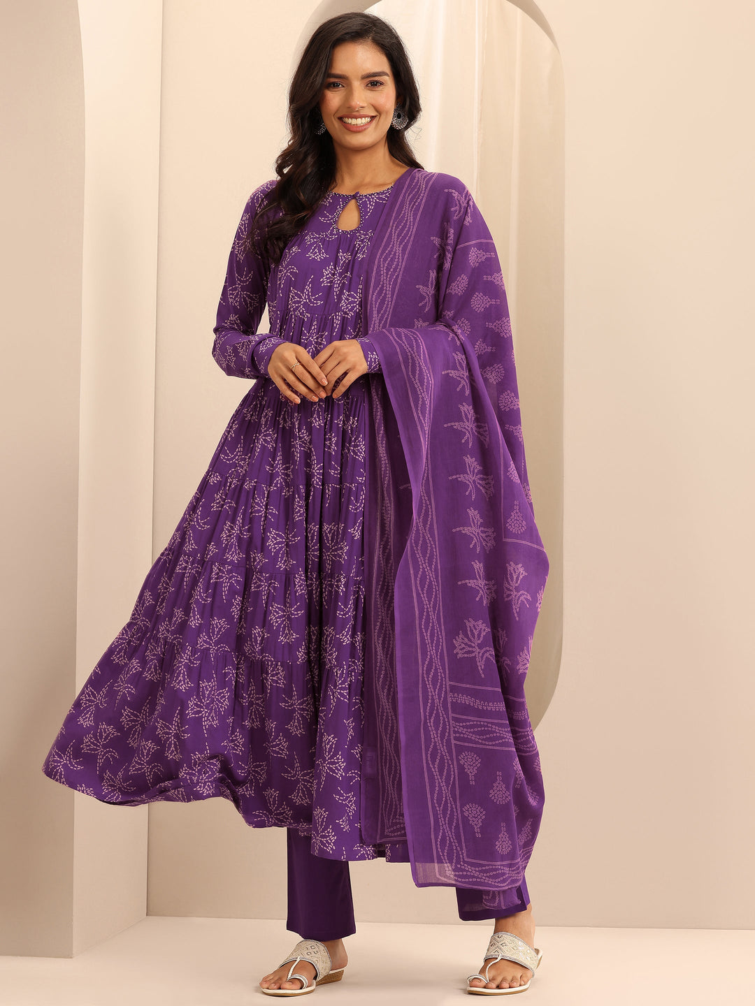 Purple Printed Cotton Anarkali Suit Set With Dupatta