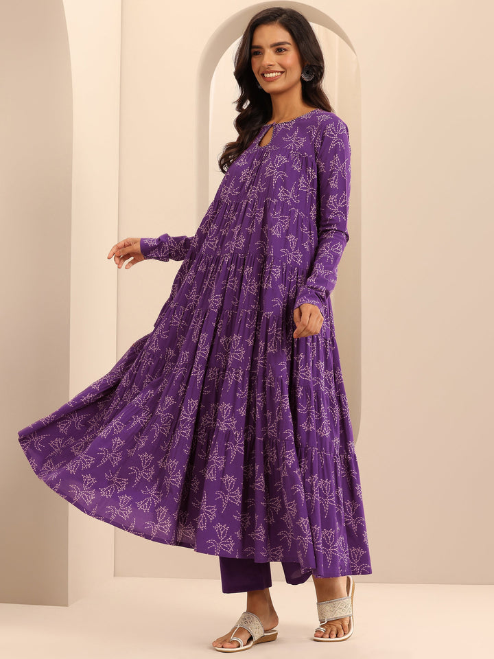 Purple Printed Cotton Anarkali Suit Set With Dupatta