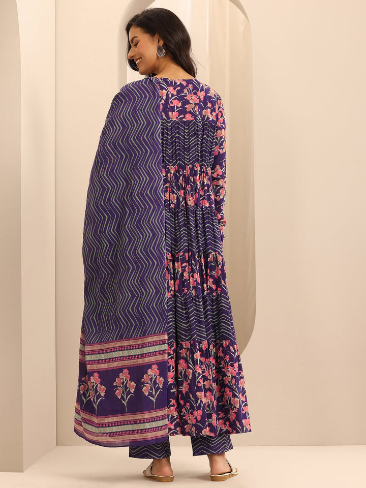 Purple Printed Cotton Anarkali Suit Set With Dupatta