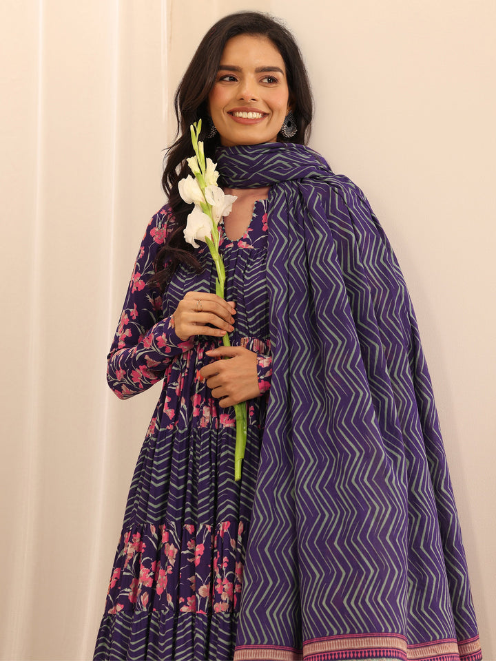 Purple Printed Cotton Anarkali Suit Set With Dupatta