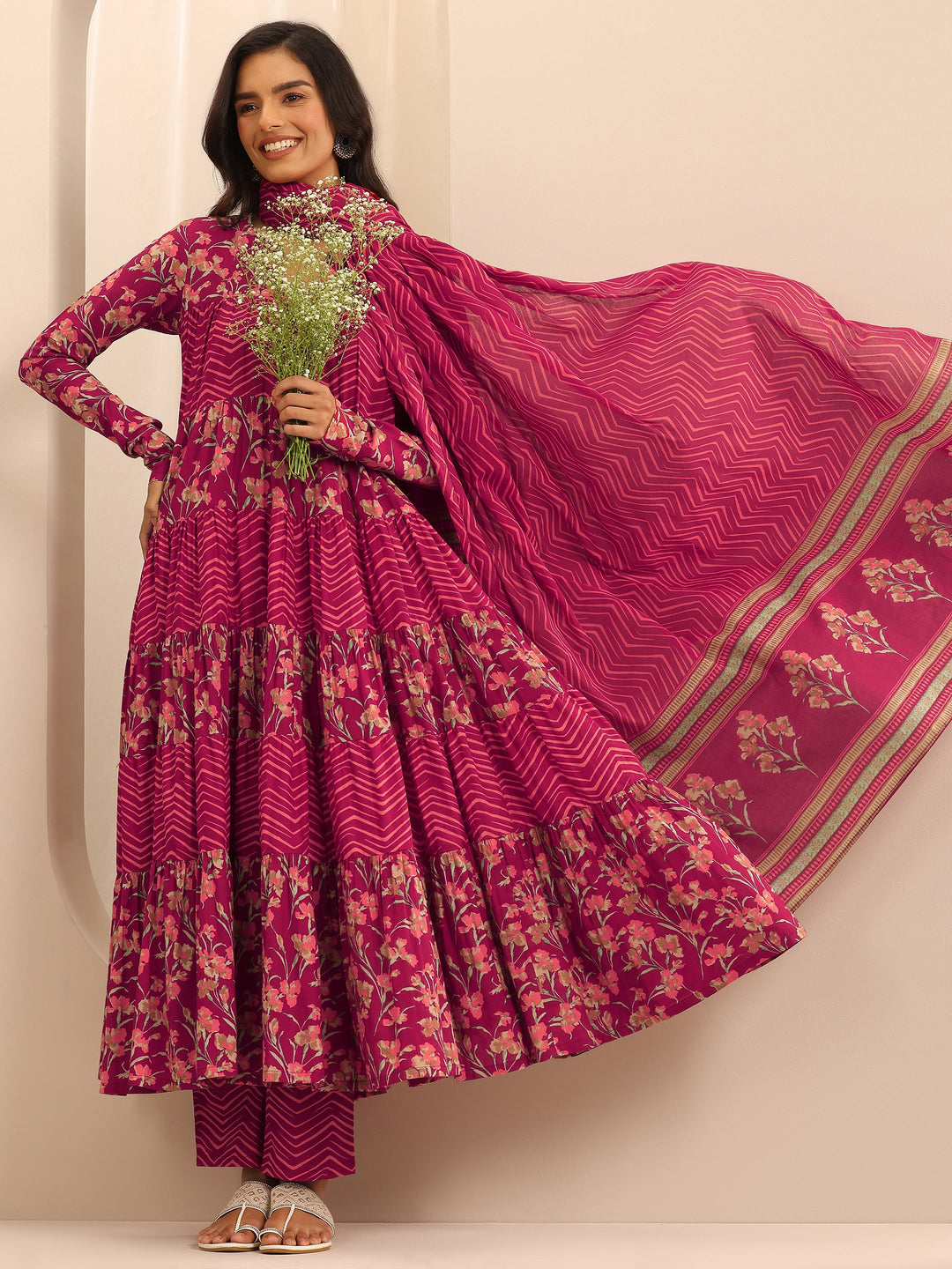 Red Printed Cotton Anarkali Suit Set With Dupatta
