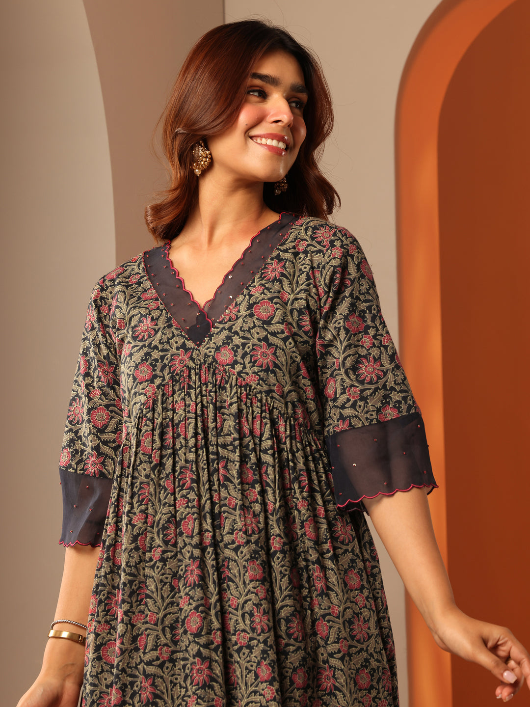 Navy Blue Printed Cotton Anarkali Suit Set With Dupatta