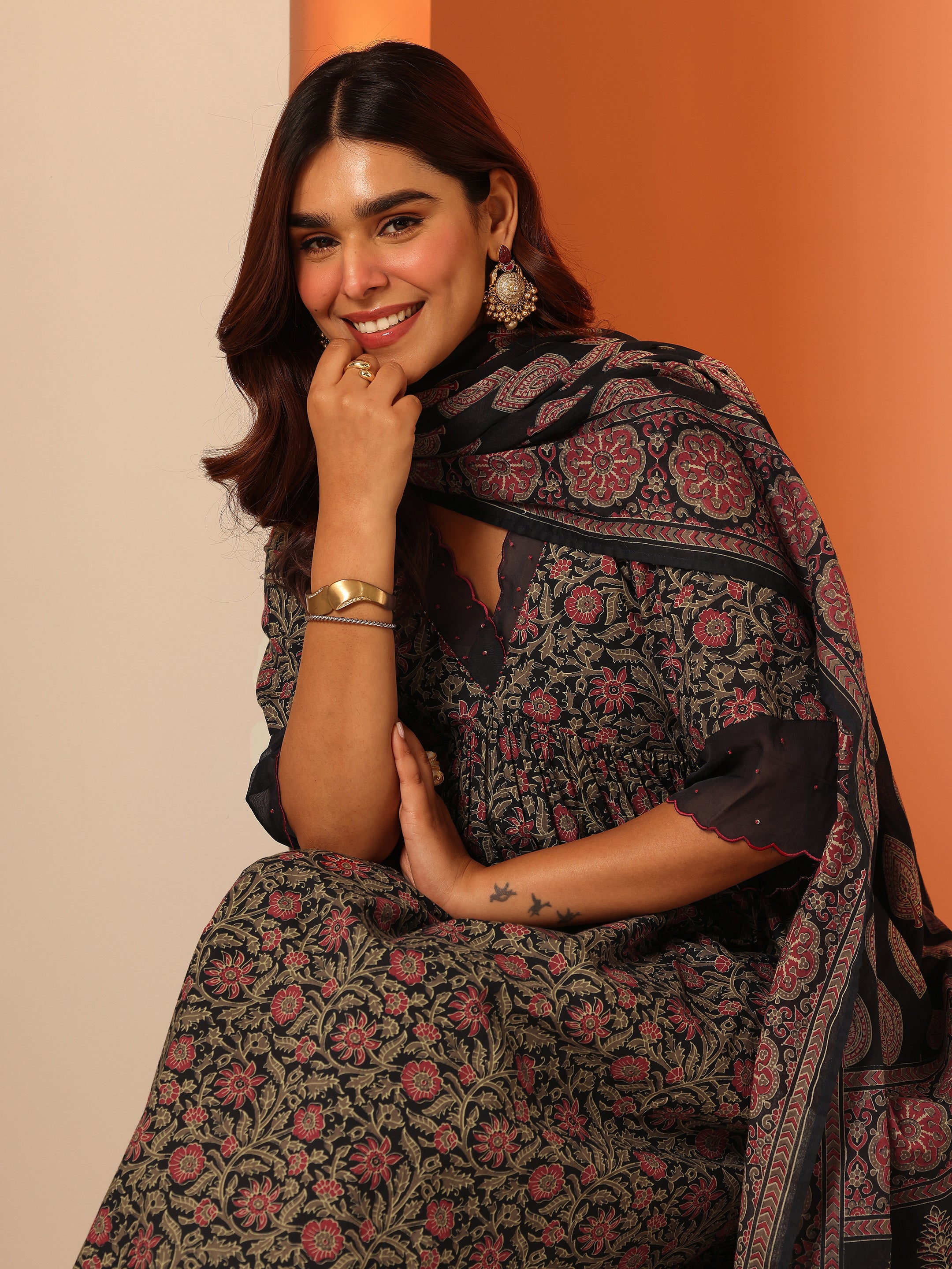 Buy Navy Blue Printed Cotton Anarkali Suit Set With Dupatta Online At buy-navy-blue-printed-cotton-anarkali-suit-set-with-dupatta-online-at