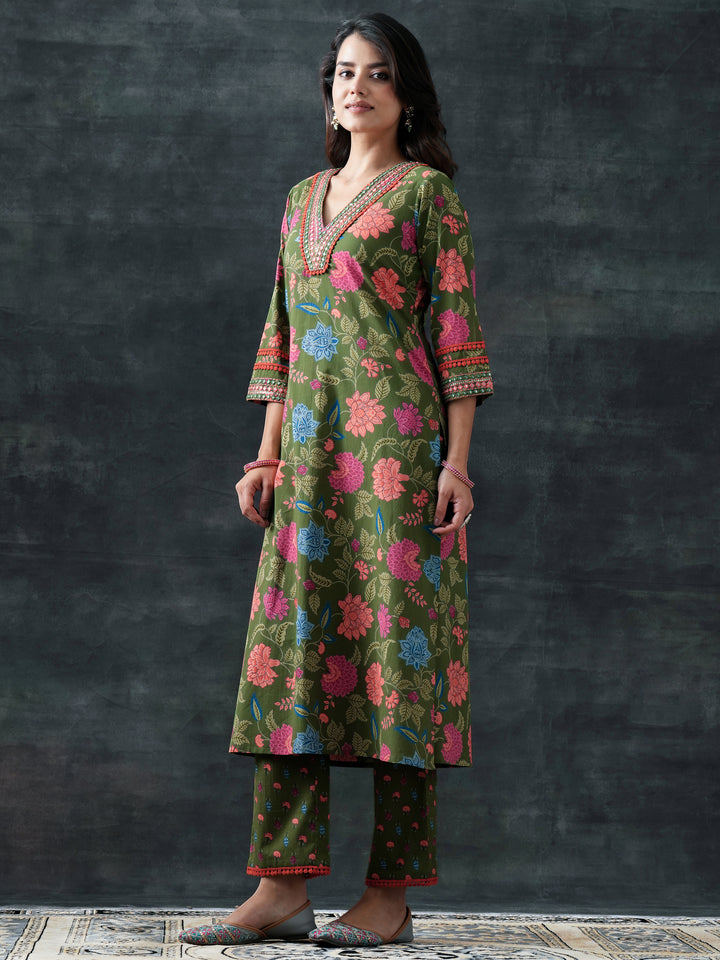 Green Printed Cotton Straight Suit Set With Dupatta