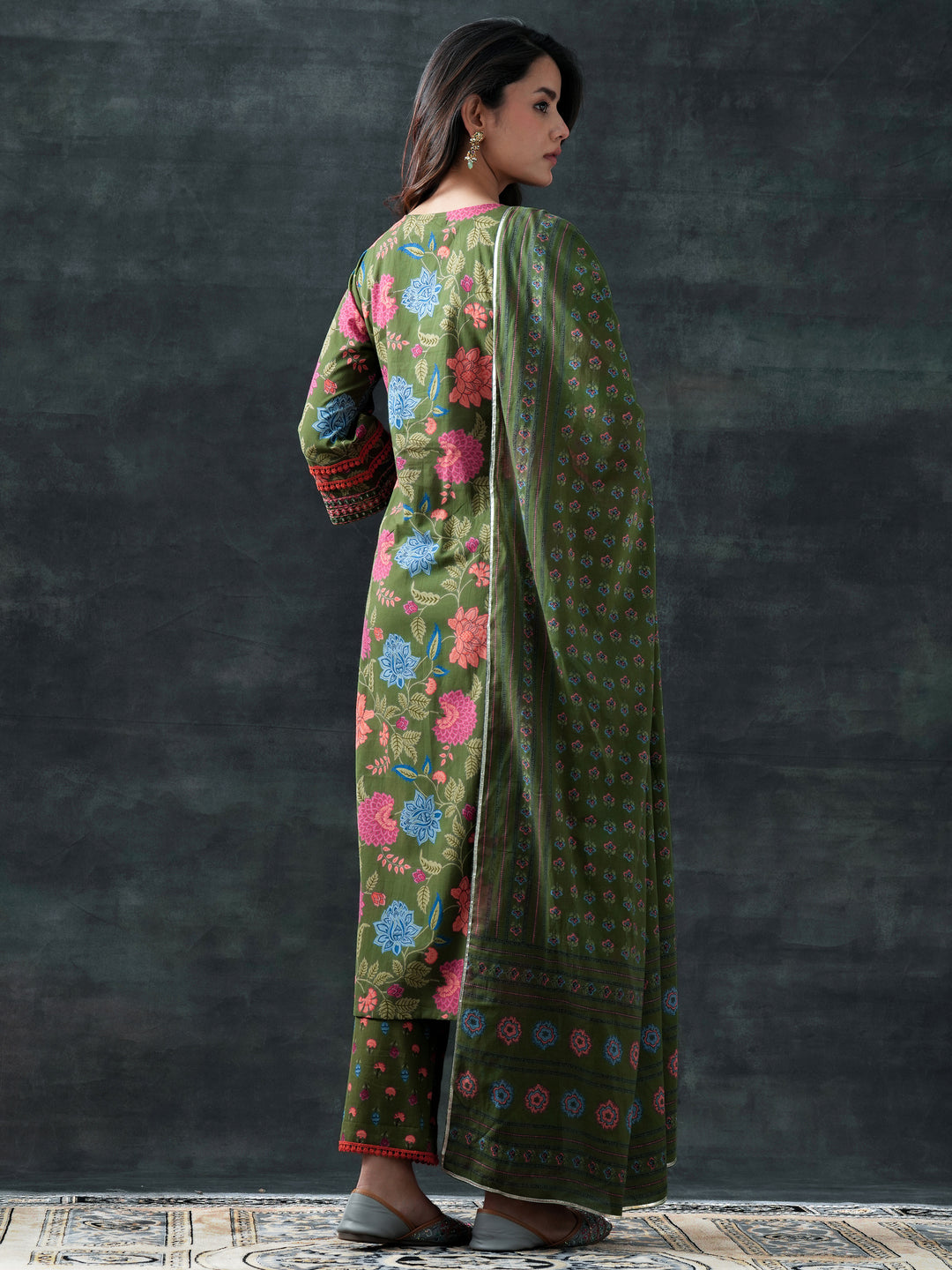 Green Printed Cotton Straight Suit Set With Dupatta