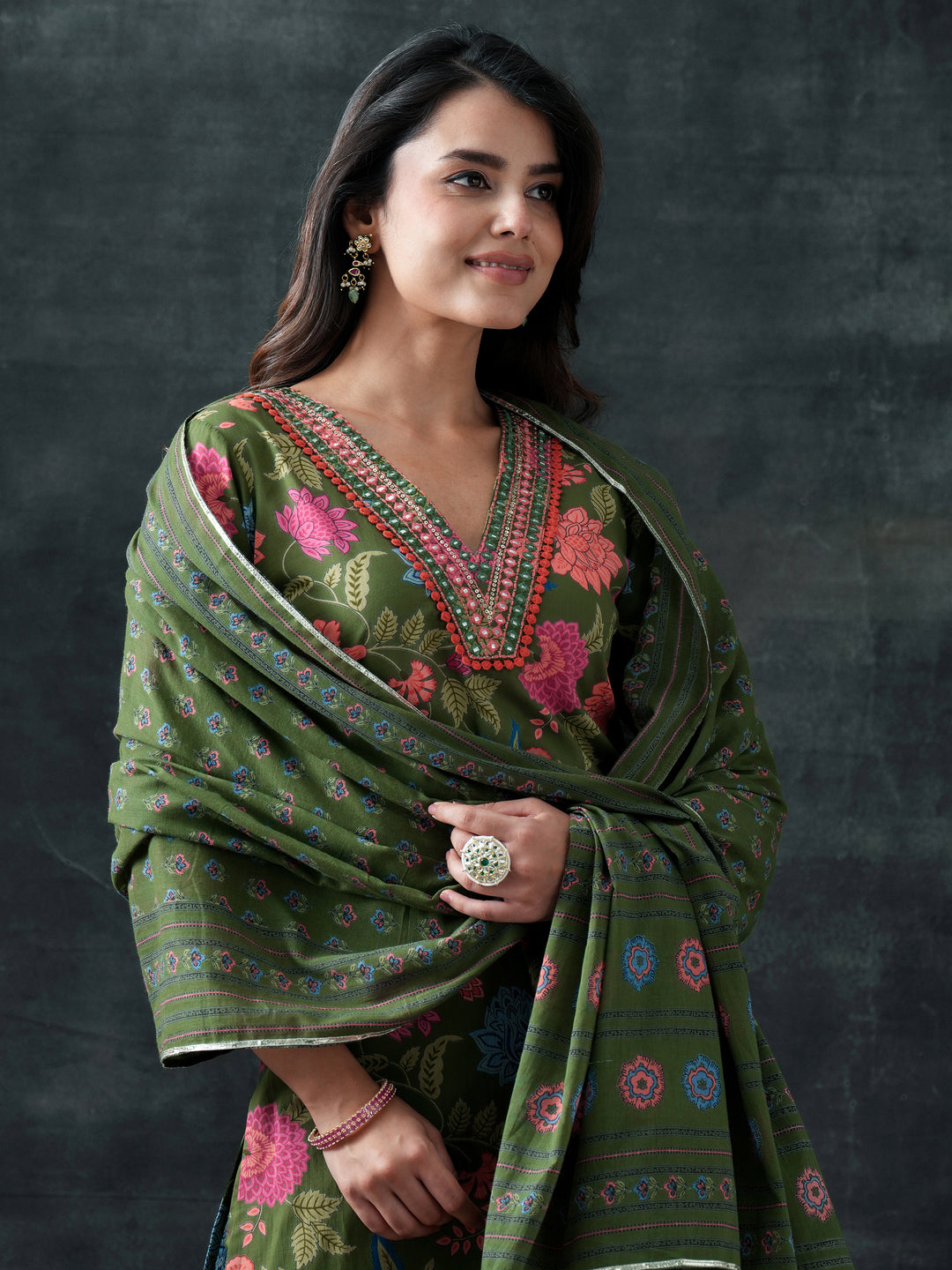 Green Printed Cotton Straight Suit Set With Dupatta