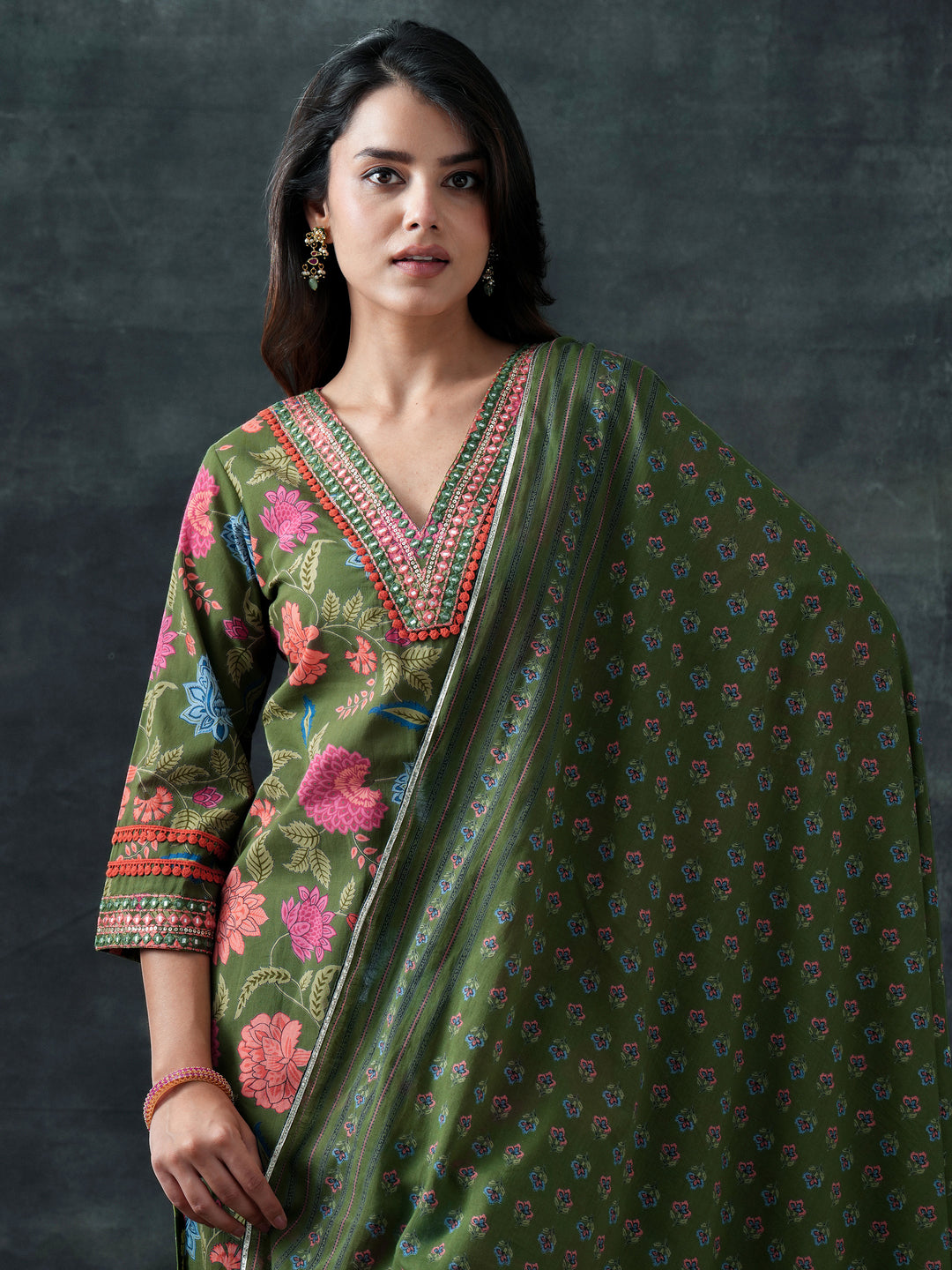 Green Printed Cotton Straight Suit Set With Dupatta