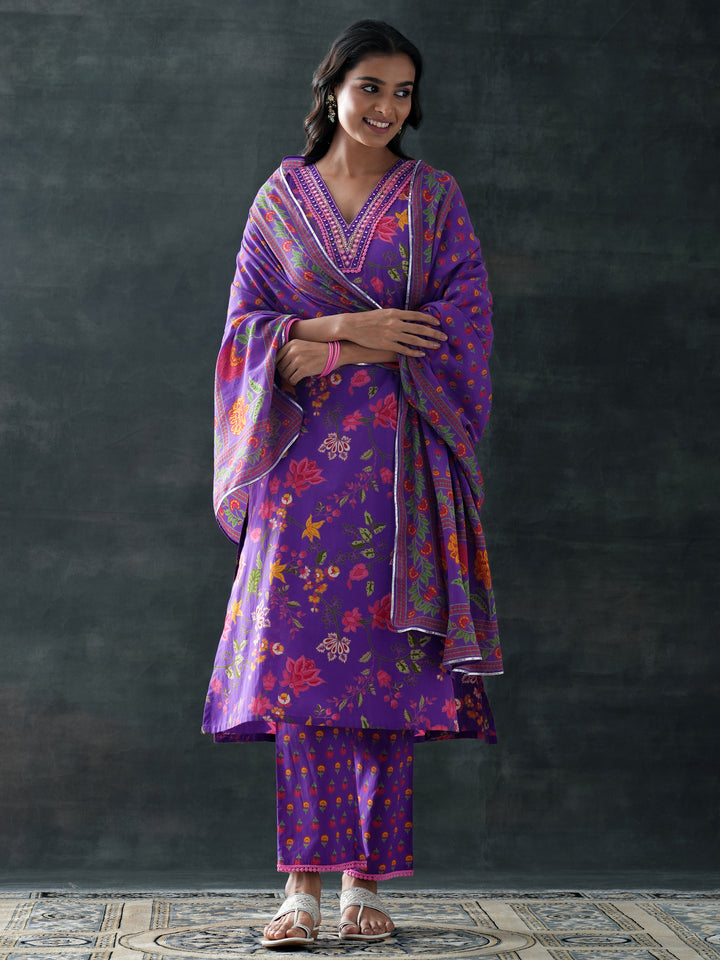 Purple Printed Cotton Straight Suit Set With Dupatta