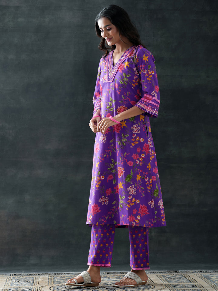Purple Printed Cotton Straight Suit Set With Dupatta