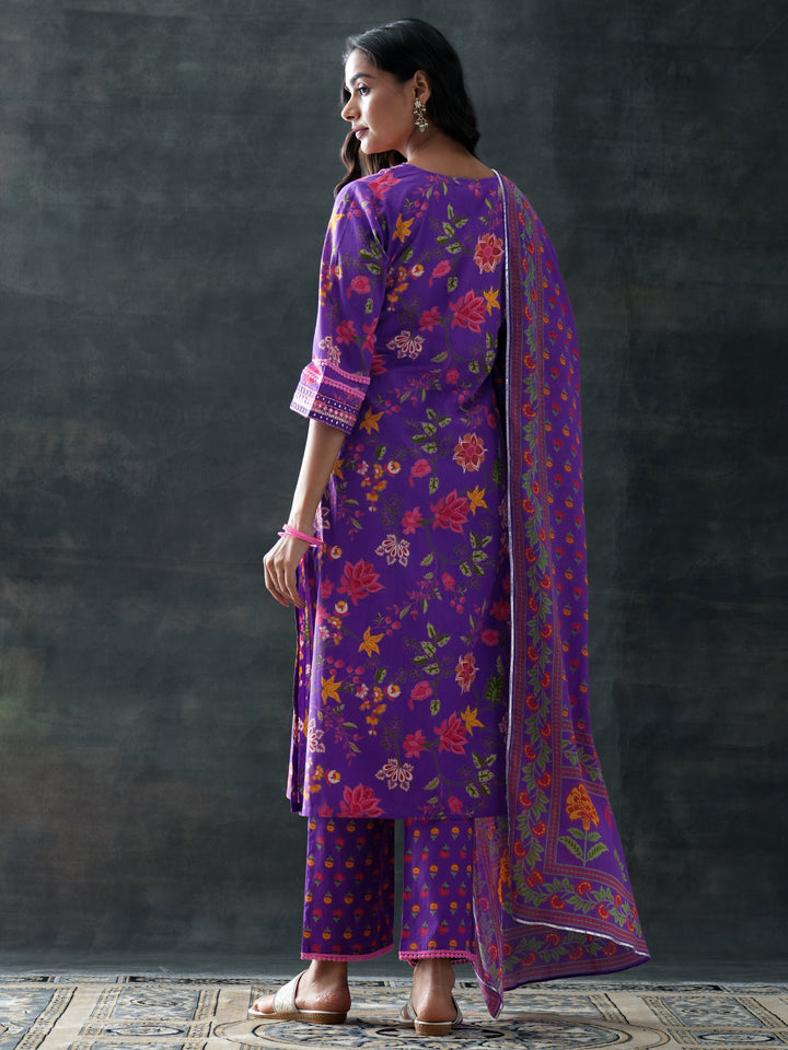 Purple Printed Cotton Straight Suit Set With Dupatta