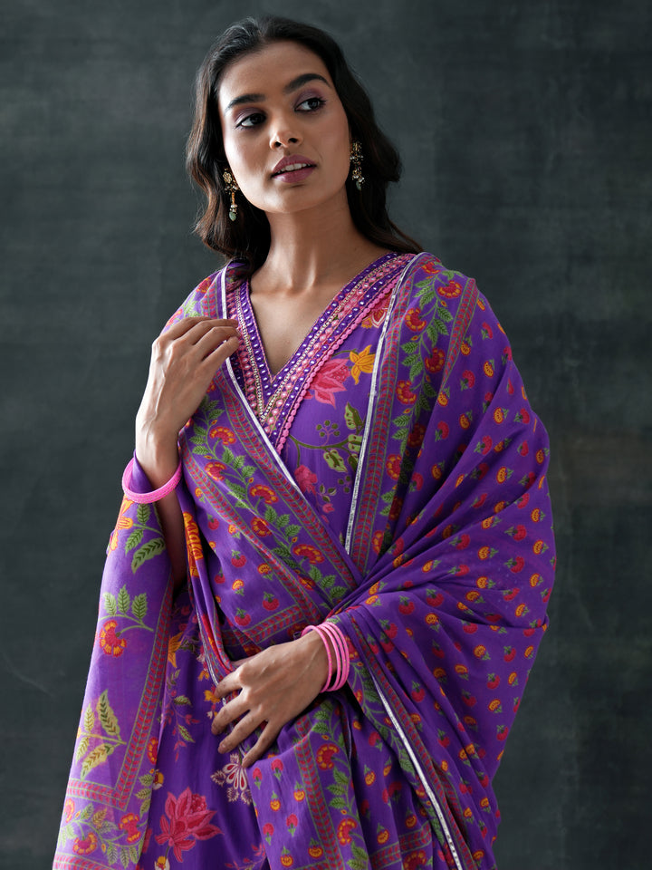 Purple Printed Cotton Straight Suit Set With Dupatta